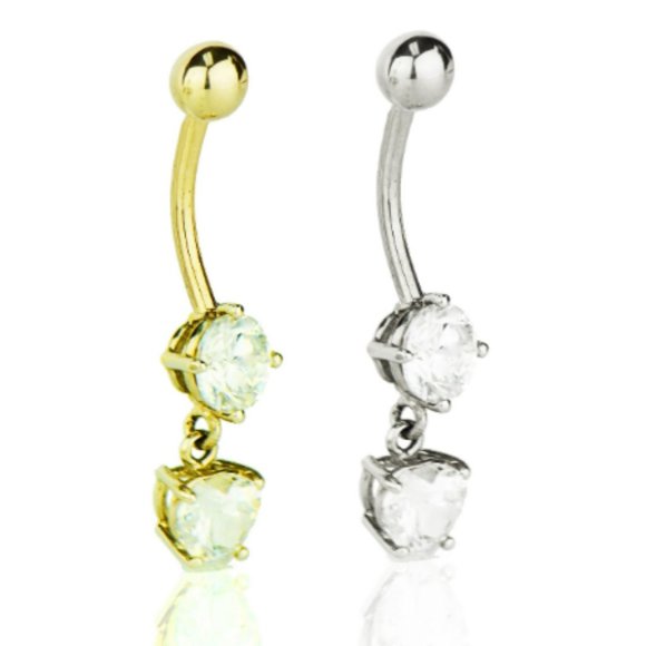 Belly Button Ring CZ Dangle Stones 14K Solid Gold for Womens Ladies Girls Dainty - Picture 1 of 6